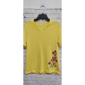 Blair Womens Yellow Floral Embroidery V-Neck Short Sleeve Pullover Top Shirt S